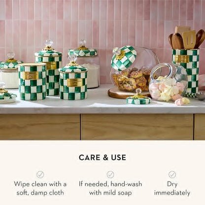 MACKENZIE-CHILDS Large Enamel Canister, Kitchen Storage Container with Lid, Green-and-White Emerald Check