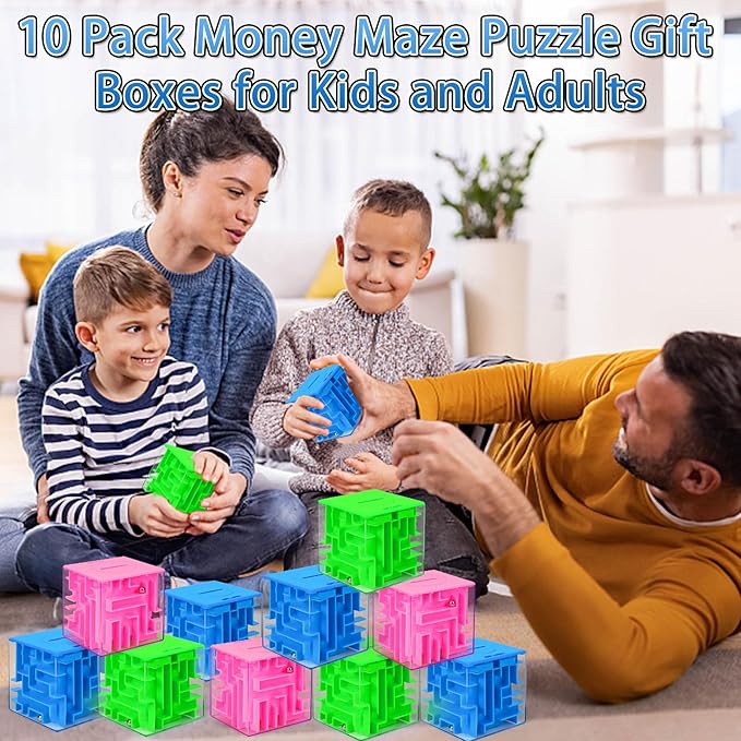 10 Pack Money Maze Puzzle Gift Boxes(3 Colors), 3D Mazes Magic Cube Money Puzzle Box Toy Set Brain Teasers for Kids Teens and Adults Birthday Party Favors
