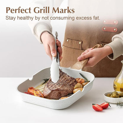 SENSARTE Nonstick Ceramic Grill Pan for Stove Tops, Versatile Square Grilling Pan with Pour Spouts, Durable Grill Skillet for All Stoves(Gas,Electric,Induction) Non Toxic-PTFE,PFAS,PFOA Free, 9.5Inch