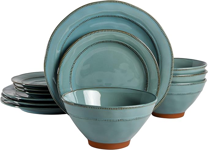 Gibson Elite Terranea Round Reactive Glaze Terra Cotta Dinnerware Set, Service for Four (12pcs), Teal