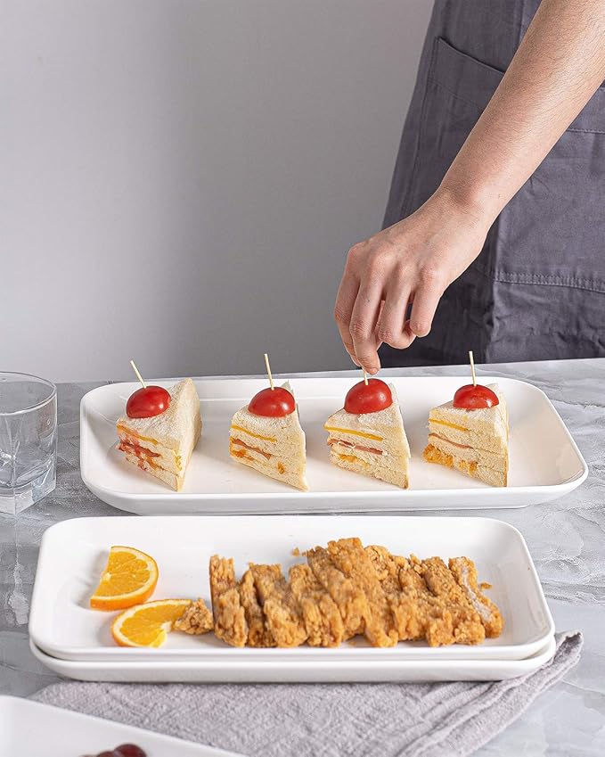 DELLING Large Serving Platter Set 16/14/12inch Large Serving Tray - Rectangular White Serving Trays for Party, Sushi, Oven Safe Dinnerware Set of 3, White