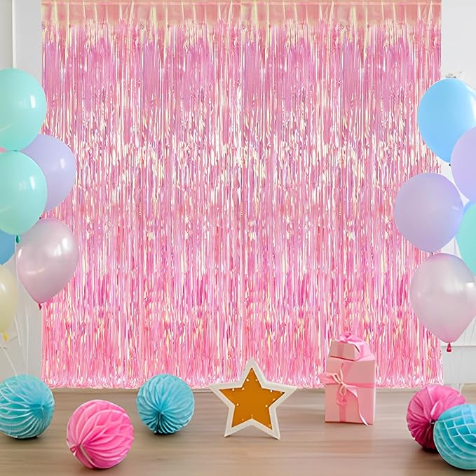 BRAVESHINE Clear Pink Streamers Party Decorations Iridescent Foil Fringe Backdrop - 2 Pack 3.2 x 6.5 ft Holographic Tinsel Curtain Party Photo Backdrop for Valentine’s Girl Birthdays Engagement Decor