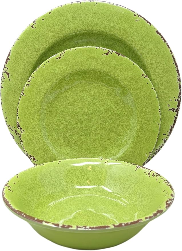 Gianna's Home 12 Piece Rustic Farmhouse Melamine Dinnerware Set, Service for 4 (Green)