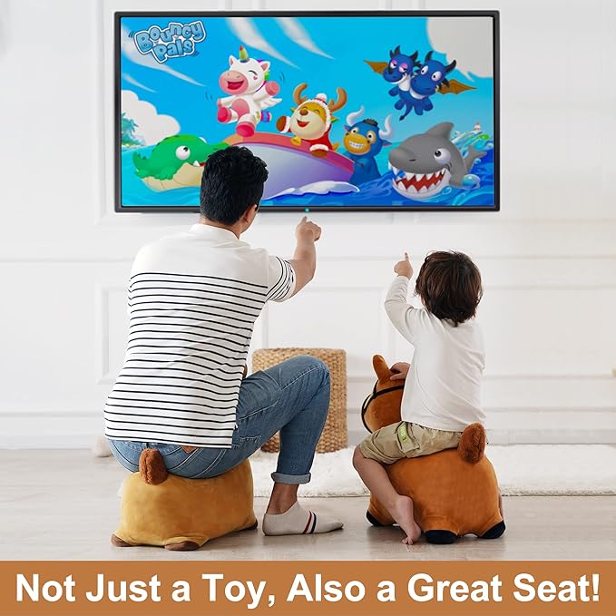 iPlay, iLearn Bouncy Pals Brown Hopping Horse, Toddler Plush Animal Hopper Toy, Kids Inflatable Ride on Bouncer W/Pump, Indoor Outdoor Jumper, Birthday Gifts for 18 24 Months 2 3 Year Old Boys Girls
