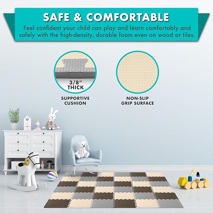 ProSource Foam Puzzle Floor Play Mat for Kids and Babies with Solid Colors, 36 or 16 Interlocking Tiles with Borders, Brown/Beige/Grey