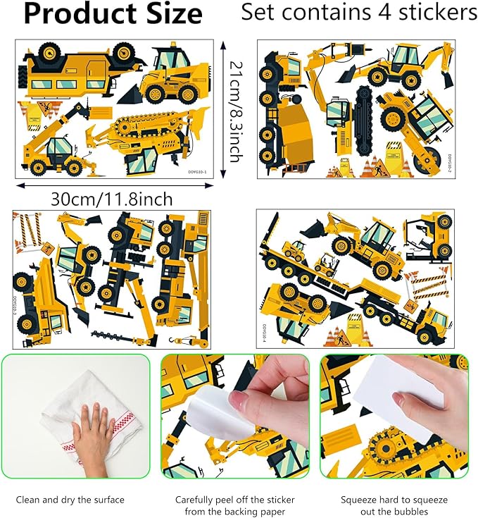 Glow in The Dark Construction Stickers, 23 PCS Glowing Luminous Truck Excavator Tractor Wall Decals Vehicle Truck Ceiling Stickers for Kids Boys Girls Bedroom Nursery Playroom Party Room Decor