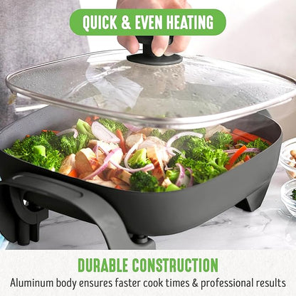 GreenLife 12" 5QT Square Electric Skillet, Glass Vented Lid, Ceramic PFAS-Free
