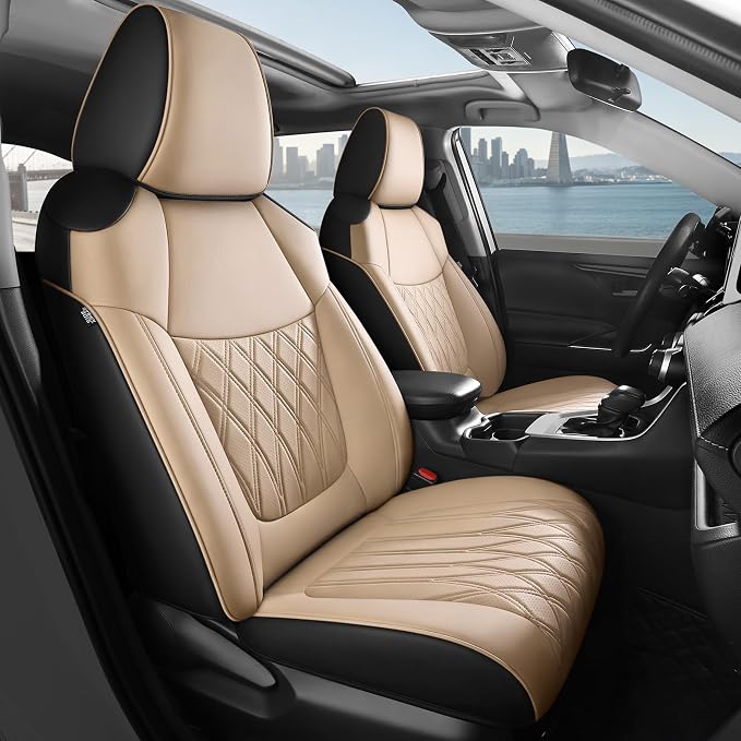 FREESOO Custom Seat Covers for Toyota RAV4 2019 2020 2021 2022 2023 2024 2025 LE XLE Limited XLE Premium Gas, RAV4 Leather Car Seat Covers Interior, RAV 4 SUV Accessories Full Set, BlackBeige