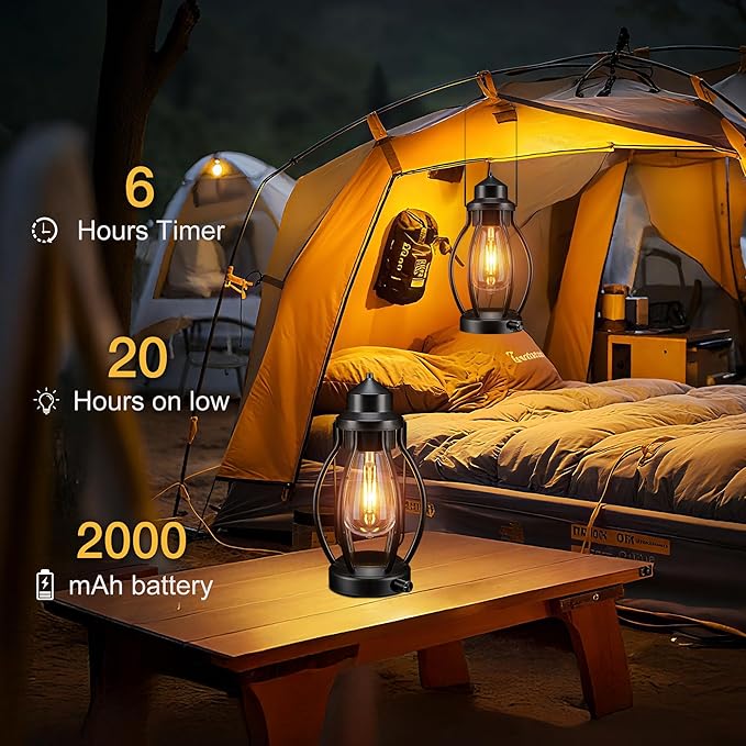 Rechargeable Outdoor Camping Lanterns 2Pack, Vintage Dimmable Hanging Outdoor Camping Lights with USB-C, Waterproof Table Lamps for Patio, Garden, Porch, Home Decorations