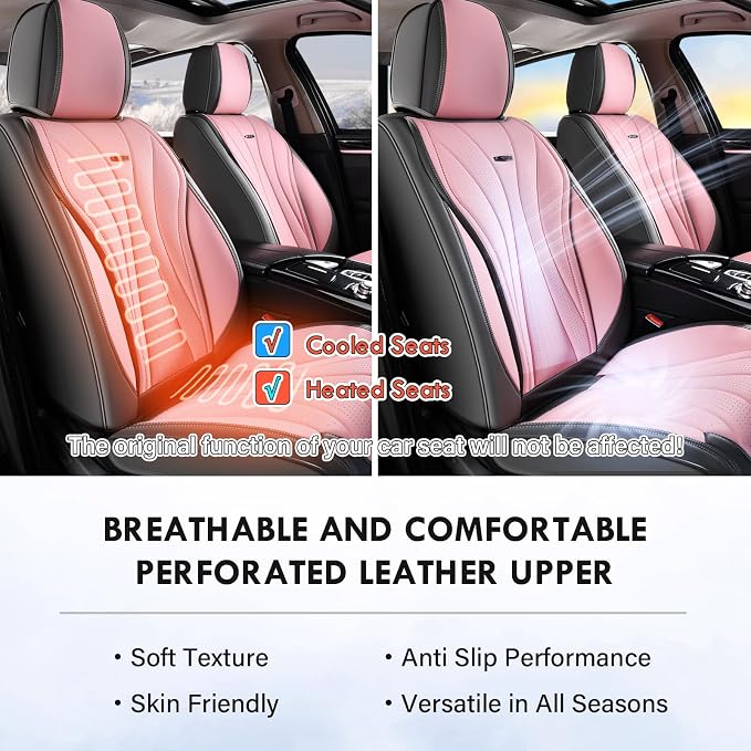 Coverado Seat Covers Full Set, Leather Car Seat Covers, Waterproof Seat Covers for Cars, Front and Back Seat Covers, Car Seat Protectors Car Seat Cushions Universal Fit for Most Cars, Gray&Pink