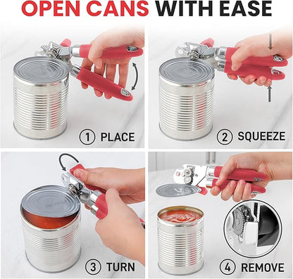 Zulay Kitchen Heavy Duty Stainless Steel Can Opener Manual with Large Bottle Opener - Manual Can Opener with Turn Knob with Soft Grip Handles - Red