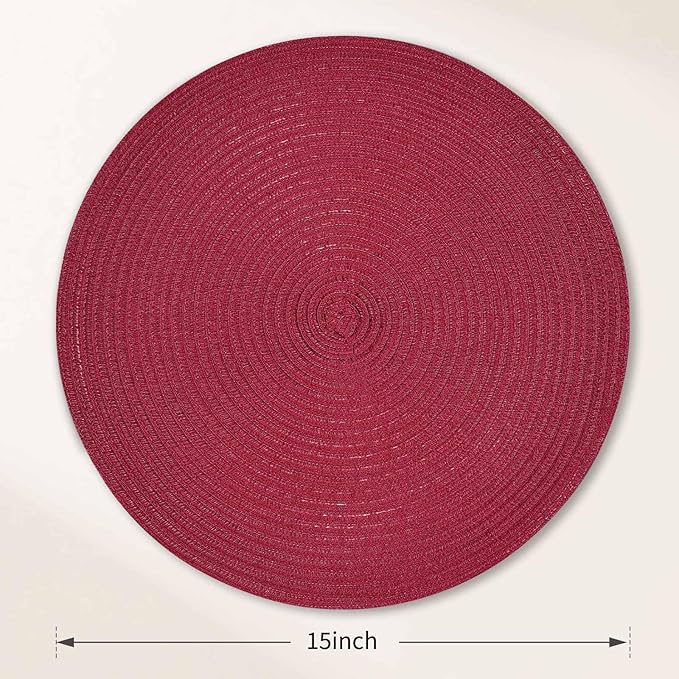 FunWheat Round Braided Placemats Set of 6 Place mats for Dining Tables Woven Heat Resistant Table Mats 15 inch (Wine)