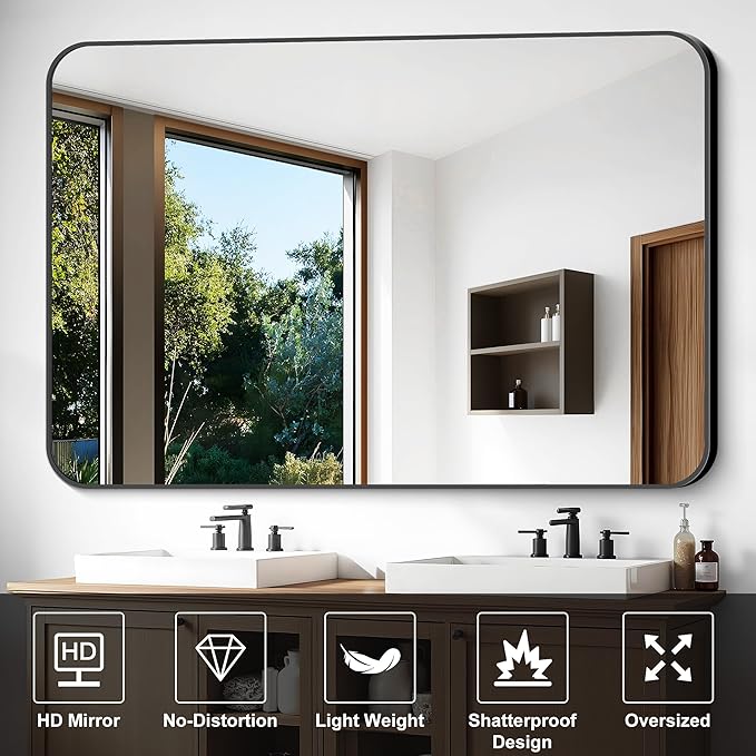 Large Bathroom Mirror, 60 x 40 inch Black Rectangle Mirror, Metal Framed