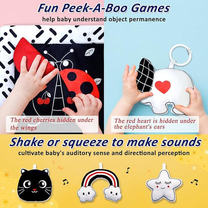 Black and White Baby Gym Play Mat with 6 Toys Tummy Time Activity Mat for Babies 0-6 6-12 Months High Contrast Baby Gyms & Playmats Sensory Toys Newborn Brain Development Infant Play Mat