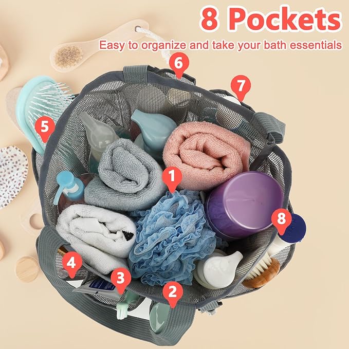 Mesh Shower Caddy Portable for College Dorm Room Essentials, 8-Pocket Large Shower Basket Tote Bag with 2 Handles for Toiletry, Bathroom, Beach, Camp, Gym
