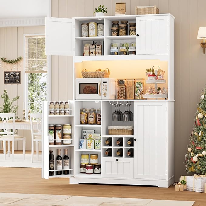 FINETONES 71" Pantry Cabinet with 7-Color LED Light and Charging Station, Kitchen Pantry Cabinet with Microwave Stand, Kitchen Hutch Food Storage Cabinet with Outlet and Wine Racks, White