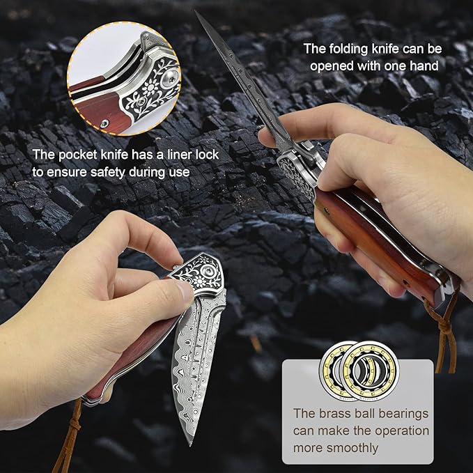 KOMWERO Damascus Pocket Knife, VG10 Damascus Steel Folding Knife with Wood Handle, Leather Sheath, Liner Lock, EDC Knife for Outdoor Survival Hunting Collection