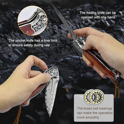 KOMWERO Damascus Pocket Knife, VG10 Damascus Steel Folding Knife with Wood Handle, Leather Sheath, Liner Lock, EDC Knife for Outdoor Survival Hunting Collection
