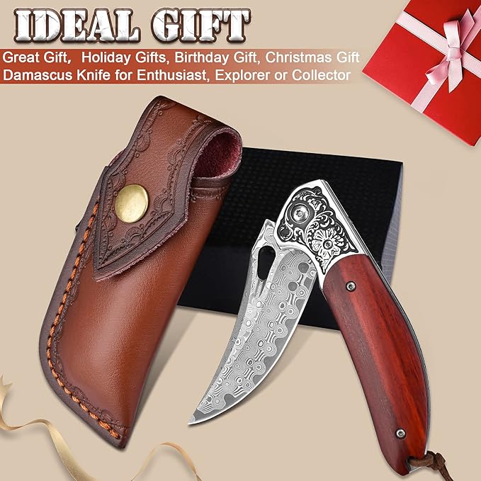 KOMWERO Damascus Pocket Knife for Men Women, Sharp VG10 Core Damascus Steel Knife for Outdoor Camping Survival Hunting - Wood Handle, Ball Bearing, Leather Sheath, Liner Lock