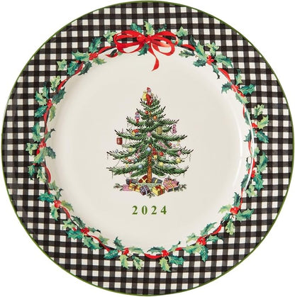 Spode Christmas Tree 2024 Annual Collector Plate - Exclusive Border with Red Ribbon & Black Check, Seasonal Display or Holiday Tableware Use, 8" Porcelain - Great Holiday Gift