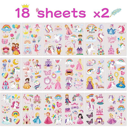 Unicorn Princess Temporary Tattoo for Kids, 270+ Pcs Rainbow Crown Unicorn Fake Tattoos for Girls’ Party Supplies Kids' Birthday Favor, 36 Sheets Waterproof Tattoos for 5 6 7 8 9 Years Old Girls