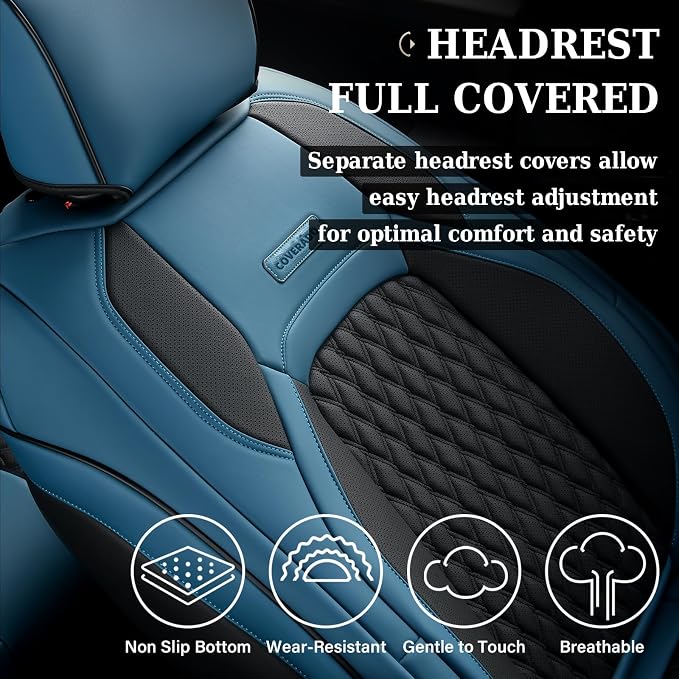 Coverado Dodge Ram 1500 Full Set Seat Covers, Waterproof Leather Car Seat Covers Fit for 2010-2023 2500 3500 Dodge RAMfor Trucks Ram Accessories Full Coverage, Front&Flat Rear/Blue
