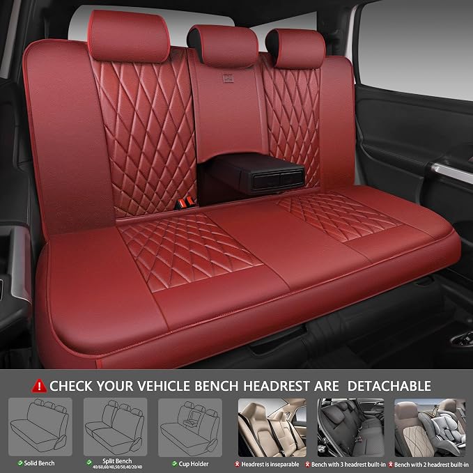 CAR PASS Piping Luxury Faux Leather Seat Covers Full Set, Premium Delux Anti-Slip Waterproof Automotive Seat Cover Universal Fit for Sedans Suvs Vans Trucks, Armrest & Airbag Compatible, Burgundy Red