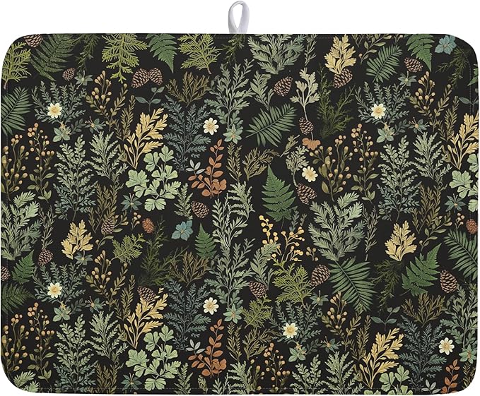 Black Green Botanical Dish Drying Mat