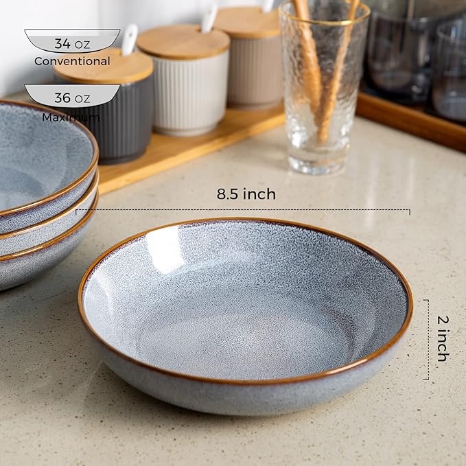 AmorArc 8.5'' Large Ceramic Pasta Bowls Set, 36oz Stoneware Bowls Set of 4 for Kitchen, Reavtive Glaze Bowls-Microwave, Dishwasher Safe for Pasta,Salad,Oatmeal -Blue