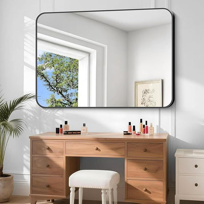 Large Bathroom Mirror, 60 x 40 inch Black Rectangle Mirror, Metal Framed