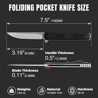 Folding Pocket Knife, 3.19” 14C28N Steel Blade G10 Handle Praxis Small Flipper Liner Lock EDC Folding Knife, Sharp Survival Camping Hiking Hunting Tactical Knives for Men (Black)