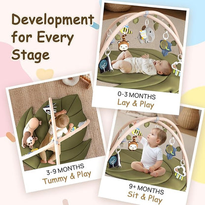 Infant Activity Center for Newborn to Develop Motor Cognition Leaves Leaf-Shaped Baby Play Gym & Activity Mat Extra Large Tummy Time Mat with 8 Detachable Toys