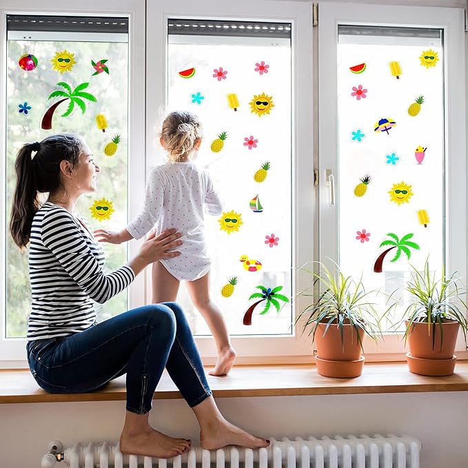 20 PCS Summer Thick Gel Clings Hawaiian Tropic Window Gel Clings Decals Stickers for Kids, Toddlers and Adults Home Airplane Classroom Nursery Beach Party Supplies Decoration Removable and Reusable