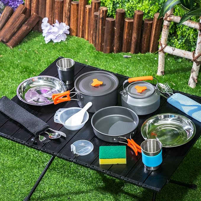Soulchen 25 Pcs Camping Cookware Mess Kit Camping Pots and Pans Set with 2 Set Stainless Steel Cups Plates Forks Knives Spoons for Camping, Backpacking, Outdoor Cooking and Picnic