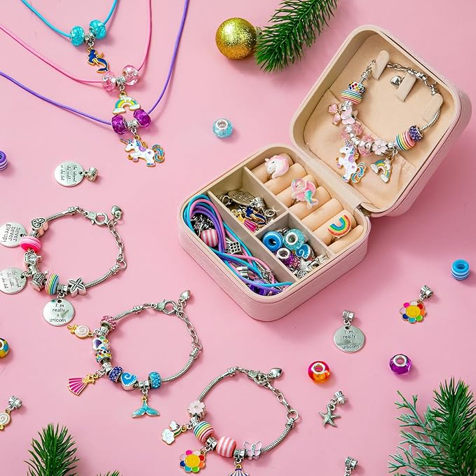Charm Bracelet Making Kit with Portable Jewelry Case, DIY Beads and Charms Set for Creative Jewelry Making, Unicorns Mermaid Bracelets Necklaces and Rings Gift Set