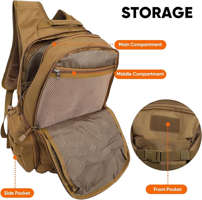 35L Tactical Backpack for Men, MOLLE Military Bug Out Bag, Waterproof Rucksack for Hiking with Hydration Port Tan