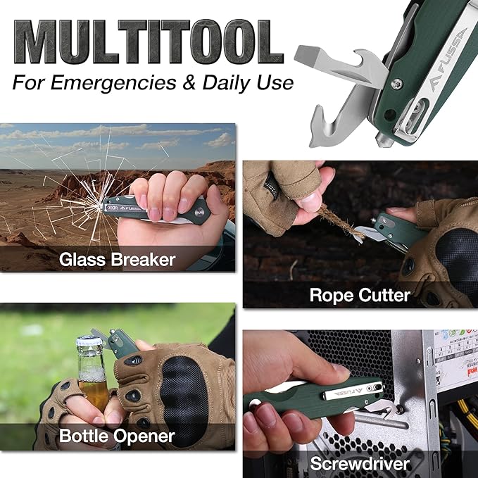 FLISSA Multitool Pocket Knife, 3.3" D2 Blade with G10 Handle, Liner Lock Folding Knife with Glass Breaker, Screwdrivers, Bottle Opener & Rope Cutter for EDC, Survival, Camping, Hiking