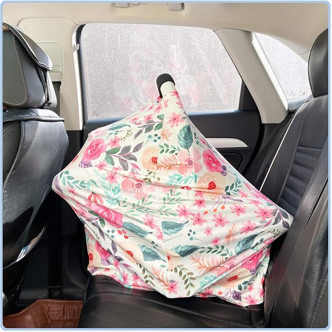 Nursing Carseat Canopy Breastfeeding Cover - Multi-use Stretchy Car Seat Covers for Babies, Baby Shower Gifts (Pink Floral)