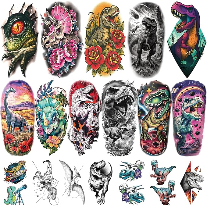 77PCS Dinosaur Temporary Tattoos for Kids Teens, 17PCS Half Sleeve Tyrannosaurus T-Rex Triceratops Pterosaur Kids Temporary Tattoos, 60PCS Raptor Fake Tattoos Stickers Cosplay Birthday Party Supplies