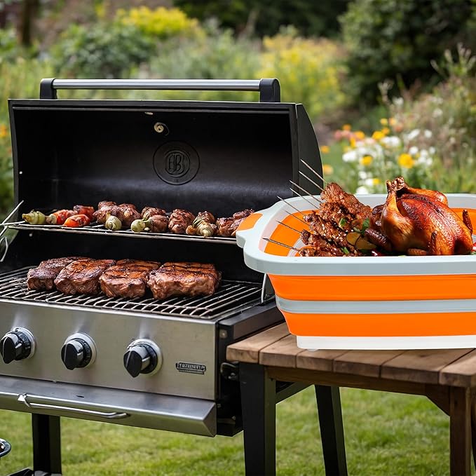 Collapsible BBQ Prep Tubs with Lids, Grill Cutting Board, Camping Sink with Drainage Hole for Meal Prep, Fruit Wash and Food Storage, Marinating Container,16L Orange Tub 20"