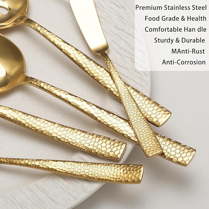 Large Hostess Serving Utensils Set, Stainless Steel Heavy Duty Hammered Serving spoons, Slotted Spoons, Serving Fork, Cake Server, Butter Knife, Dishwasher Safe (Gold)