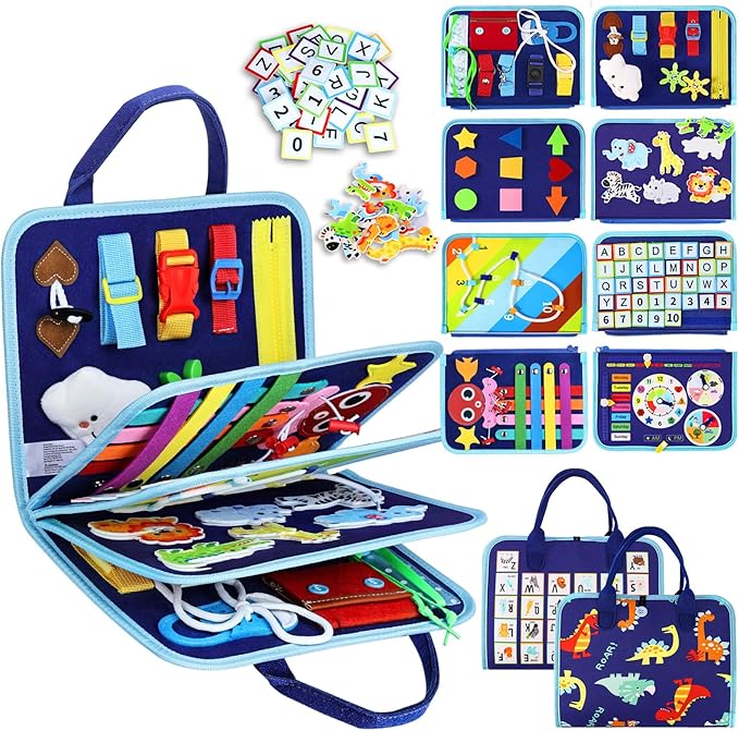 Esjay Toddler Busy Board Montessori Toys for Boys, Sensory Board Educational Activities for Learning Fine Motor Skills, Birthday Gifts for Boys Toddlers, Travel Toys for Airplane Car, Blue Dinosaur