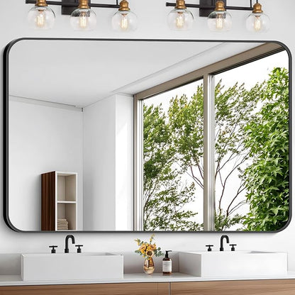 Large Bathroom Mirror, 60 x 40 inch Black Rectangle Mirror, Metal Framed