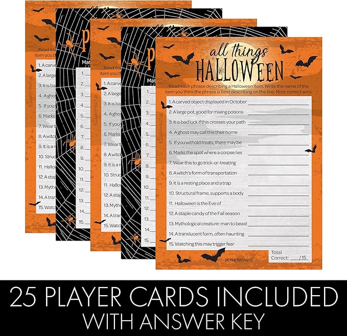 DISTINCTIVS Halloween Party Games, Halloween Trivia and Phobia Match 2 Game Bundle, 25 Dual-Sided Cards for Kids, Adults, Classrooms, and Fall Events
