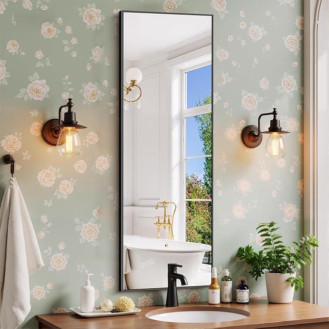 Black Bathroom Mirror for Wall, 16x48 Inch Rectangle Mirror