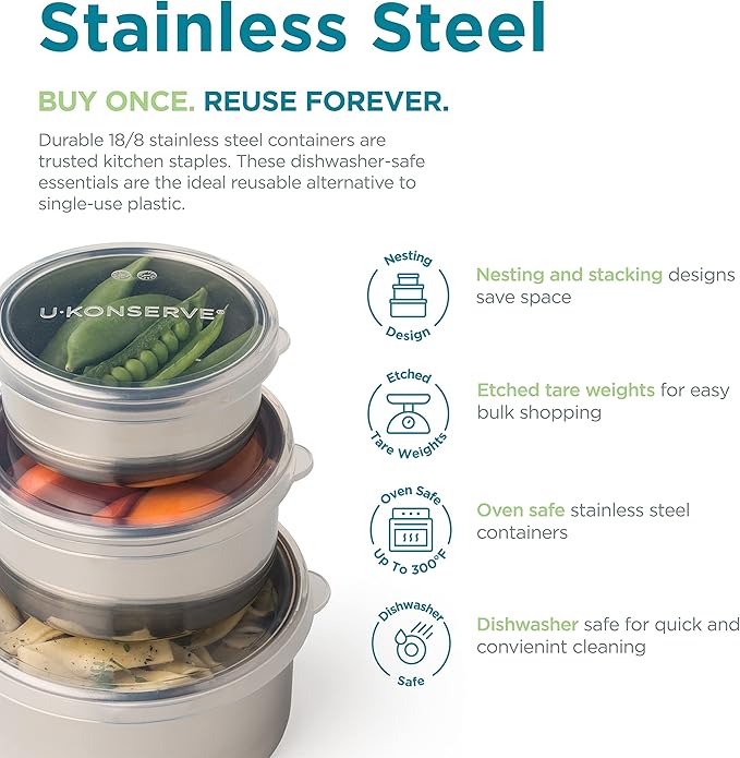 U Konserve Stainless Steel Food Storage Bento Box Container, Leak Proof Silicone Lid Dishwasher Safe - Plastic Free (15oz Clear)