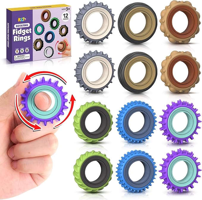 Fidget Toys Adults Sensory Rings: 12 Pack Texture Spinner Rings - Stress Relief Sensory Toys for Kids ADHD - Quiet Desk Fidgets for Classroom Anxiety Office for Teens Boys
