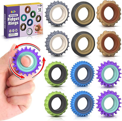 Fidget Toys Adults Sensory Rings: 12 Pack Texture Spinner Rings - Stress Relief Sensory Toys for Kids ADHD - Quiet Desk Fidgets for Classroom Anxiety Office for Teens Boys