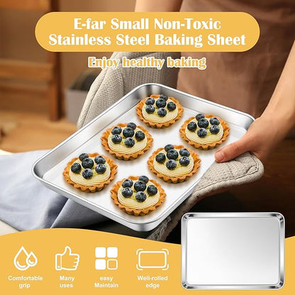 E-far Small Baking Sheet Set of 2, 10.5”x8.3” Stainless Steel Cookie Sheets Pans