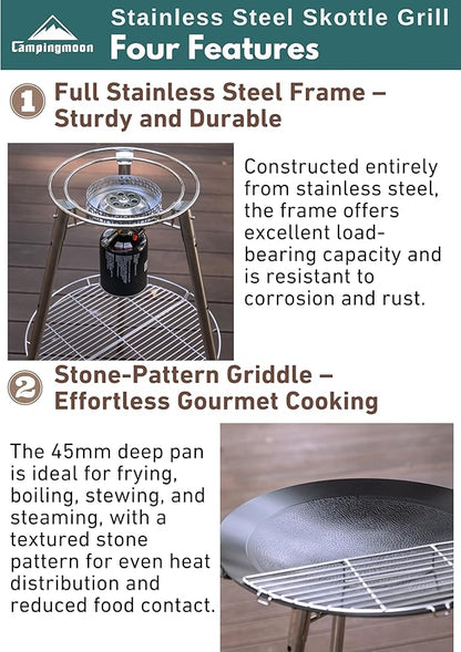 CAMPINGMOON 18 inches BBQ Griddle with EN417 Lindal valve Standard Canister Top Camping Gas Stove Burner Stand Rack Skottle Grill Cooking System Kit GR-901